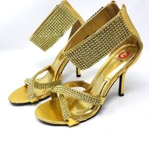 Red Circle Gold Crystals Ankle Stilettos Heels Zipper Back Blekis Women's Size 9